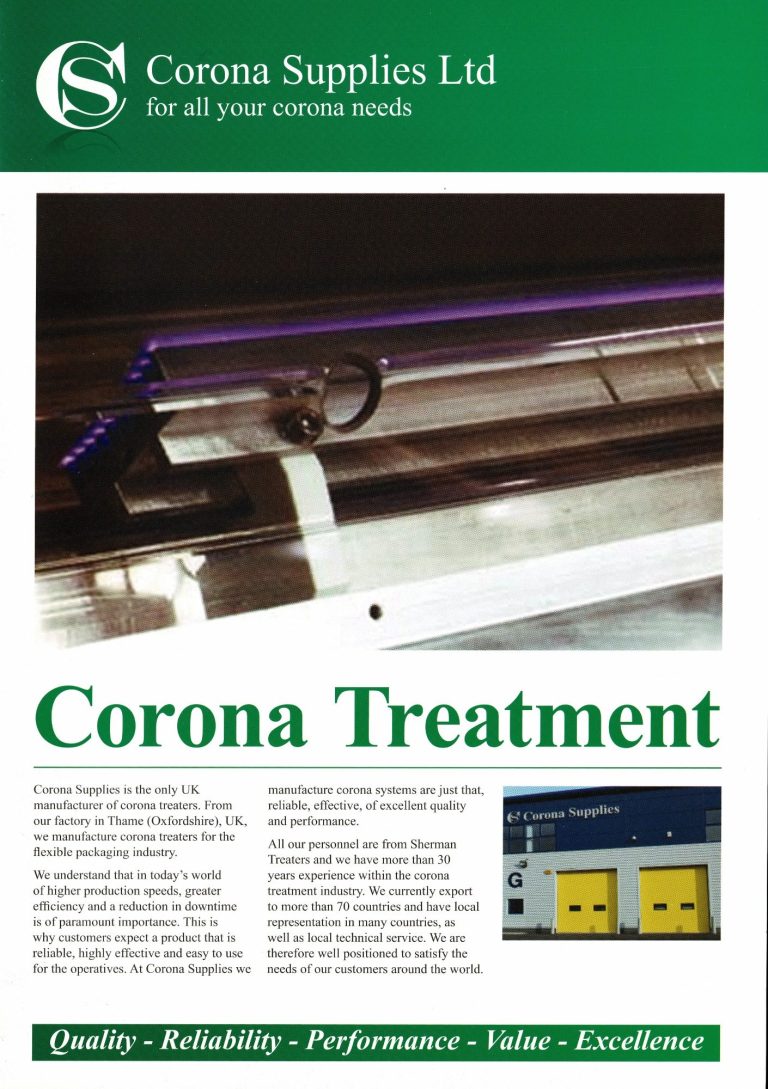 English brochure for Corona Supplies Ltd, highlighting Corona Treatment services and products.