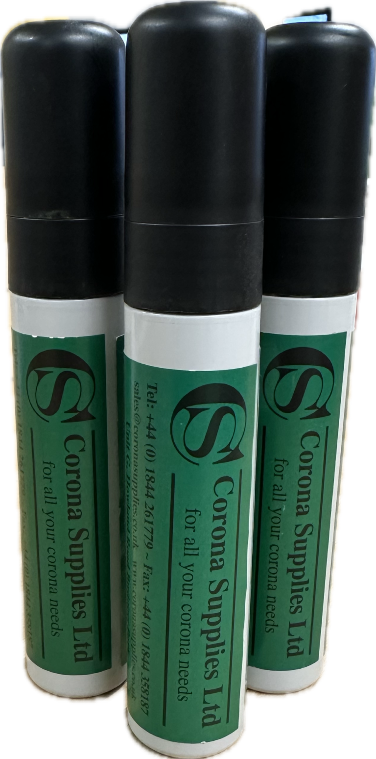 Three Eco test pens with a black cap and green label, branded as "Corona Supplies Ltd."