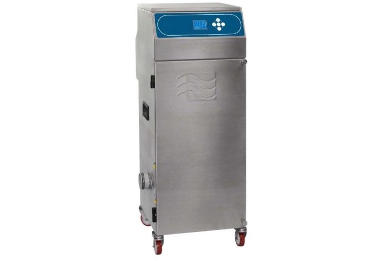 Semi compact stainless steel ozone destruct unit with a digital display and control panel, on wheels.