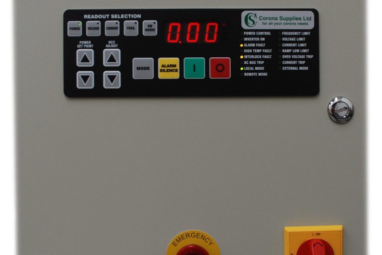 CS6000 corona generator control panel with buttons and digital display, housed in a beige cabinet.