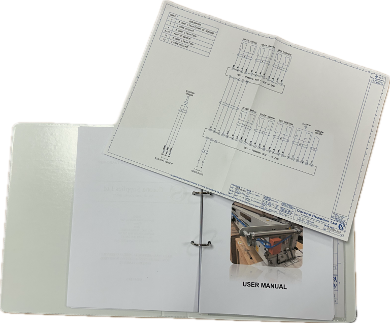 A binder containing a manual and documents related to a project or plan.