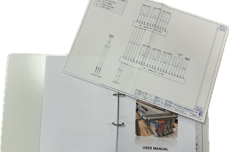 A binder containing a manual and circuit diagram relating to a corona treatment system.