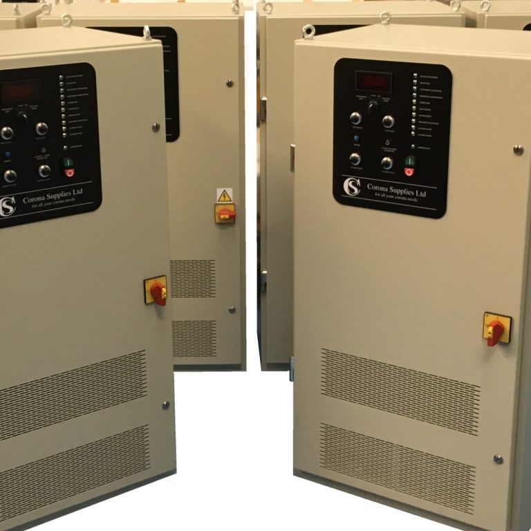 Several CSR corona power supply panels with digital displays and buttons.