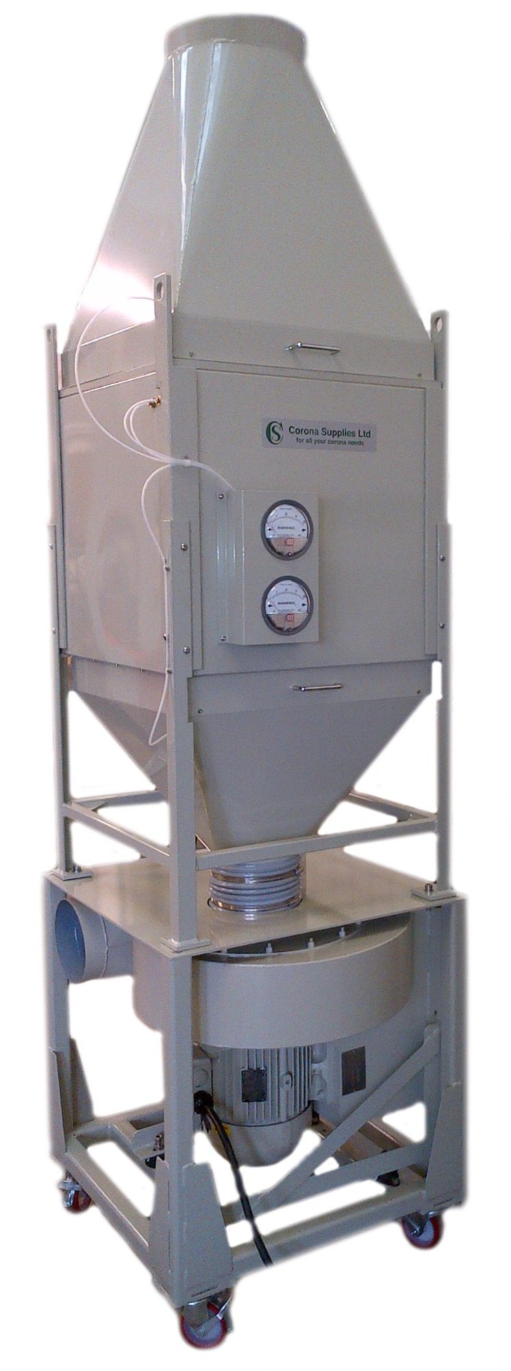 Large ozone destruct unit with pressure gauges and fan.