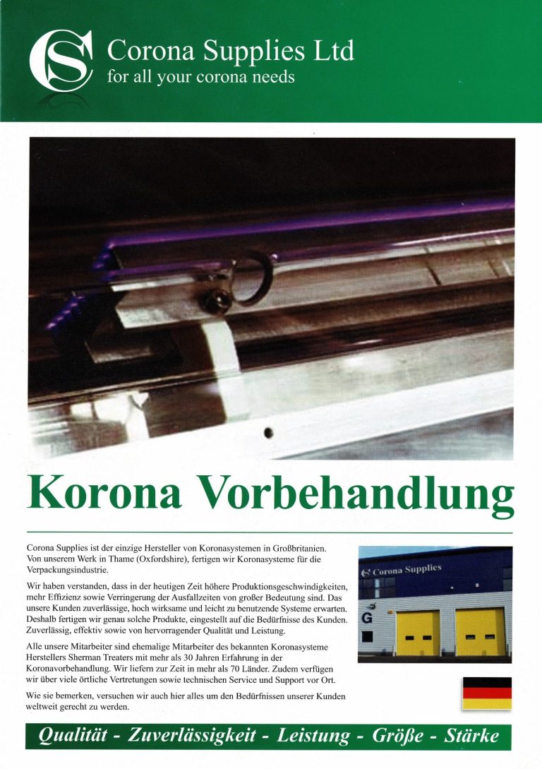 German brochure for Corona Supplies Ltd, highlighting Corona Treatment services and products.