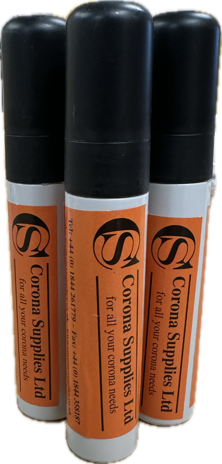 Three Jumbo test pens with a black cap and orange label, branded as "Corona Supplies Ltd."