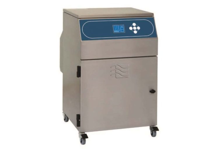 Compact stainless steel ozone destruct unit with a digital display and control panel, on wheels.