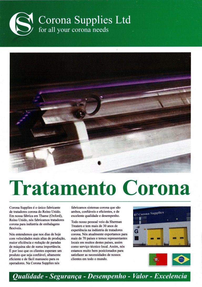 Portuguese brochure for Corona Supplies Ltd, highlighting Corona Treatment services and products.