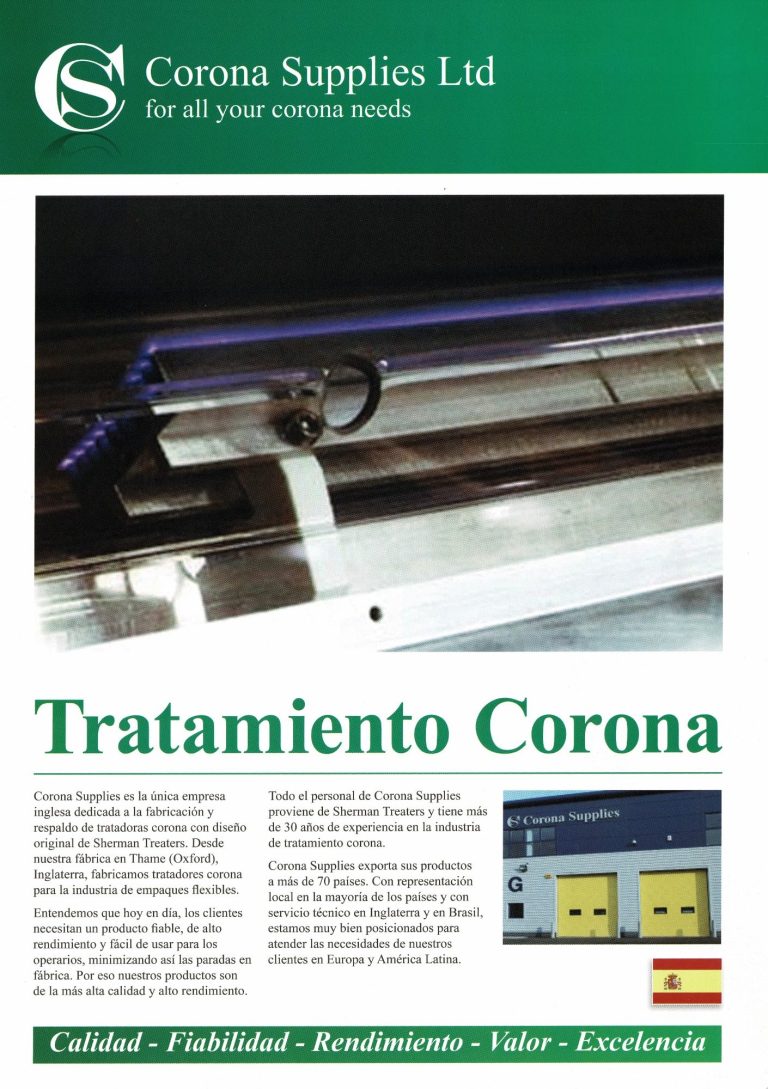 Spanish brochure for Corona Supplies Ltd, highlighting Corona Treatment services and products.