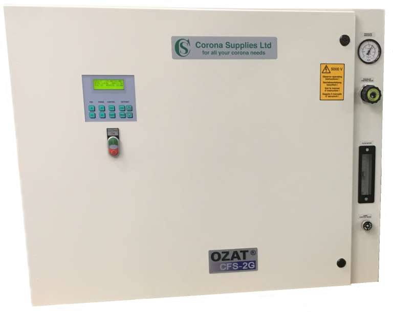 Compact ozone generator with display, buttons and pressure gauges for monitoring.